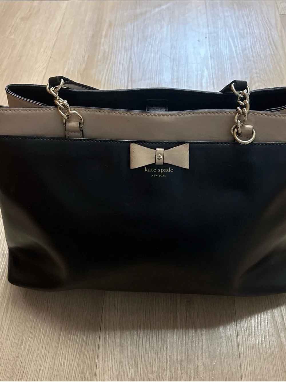 kate spade Black and Cream Leather Tote with Bow Accent
